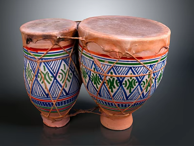Pair of Traditional Bongo Drums With Colorful Geometric Patterns And Woven Ropes 3d model
