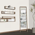 Wooden Wall Shelves and Floor Shelving in Modern Home Interior with Books Plants and Newspapers