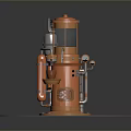 Vintage Orange Industrial Machine With Metal Pipes Valves And Circular Platform