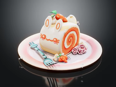 Adorable Rabbit Shaped Swiss Roll Cake with Carrot Decoration and Flower on Plate 3d model