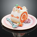 Adorable Rabbit Shaped Swiss Roll Cake with Carrot Decoration and Flower on Plate 3d model
