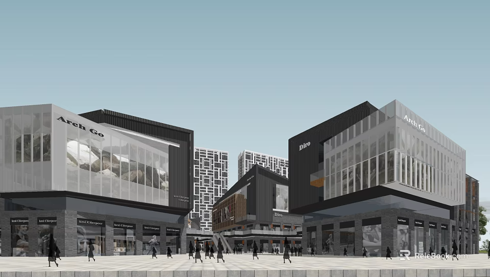Modern Commercial Street With Glass Facade Buildings And Pedestrian Activity 3d model 