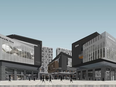 Modern Commercial Street With Glass Facade Buildings And Pedestrian Activity 3d model