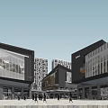 Modern Commercial Street With Glass Facade Buildings And Pedestrian Activity