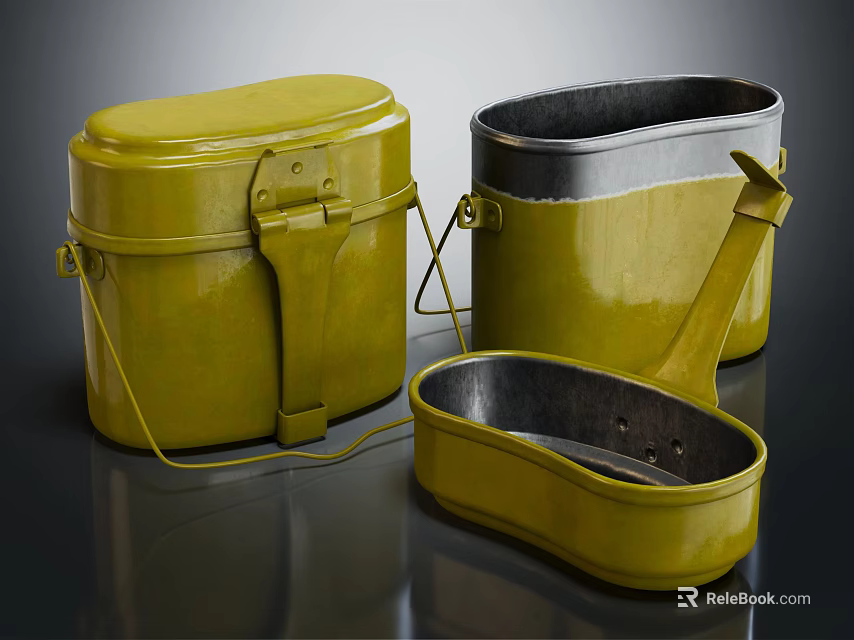 Vintage Yellow Metal Dinnerware Set With Lids Handles And Three Containers 3d model 