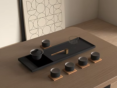 Minimalist Black Tea Set with Transparent Glass Wooden Coasters and Tray on Modern Tabletop 3d model