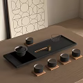Minimalist Black Tea Set with Transparent Glass Wooden Coasters and Tray on Modern Tabletop