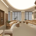 Modern Minimalist Interior Space With Curved Wooden Furniture Round Ceiling Light And Green Plants