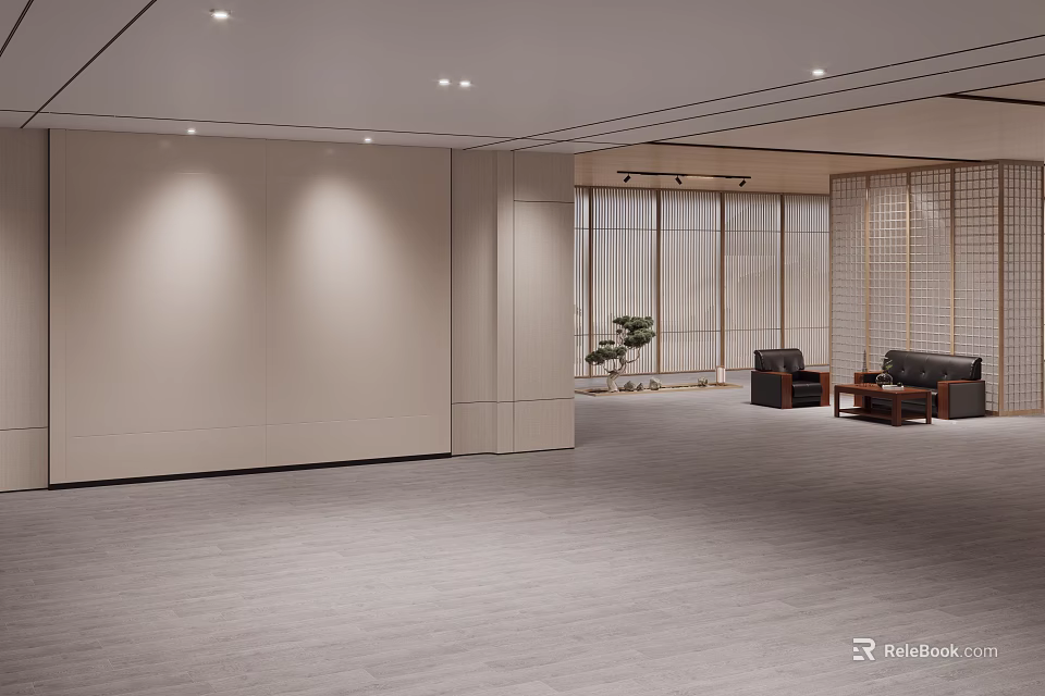 Beige Smooth Panel Wall In Modern Interior With Gray Flooring Wooden Grille And Natural Light 3d model 