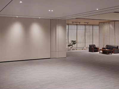 Beige Smooth Panel Wall In Modern Interior With Gray Flooring Wooden Grille And Natural Light 3d model