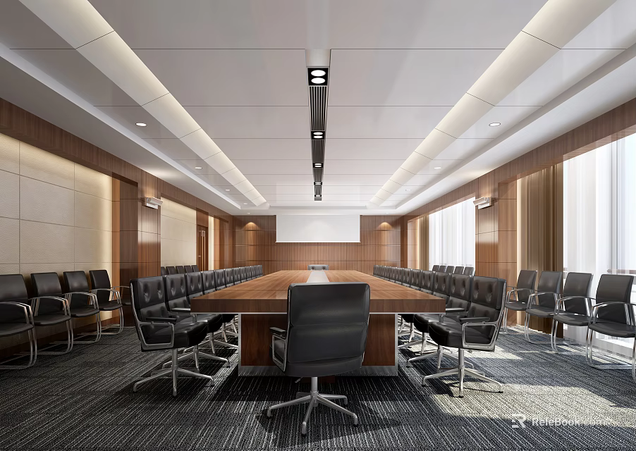 Modern Conference Room Interior With Long Table Black Chairs Wooden Walls And Ceiling Light Strips 3d model 