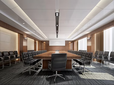Modern Conference Room Interior With Long Table Black Chairs Wooden Walls And Ceiling Light Strips 3d model