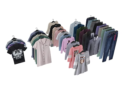 Hanging Clothes Collection Featuring Various Styles T Shirts Shirts And Jeans 3d model