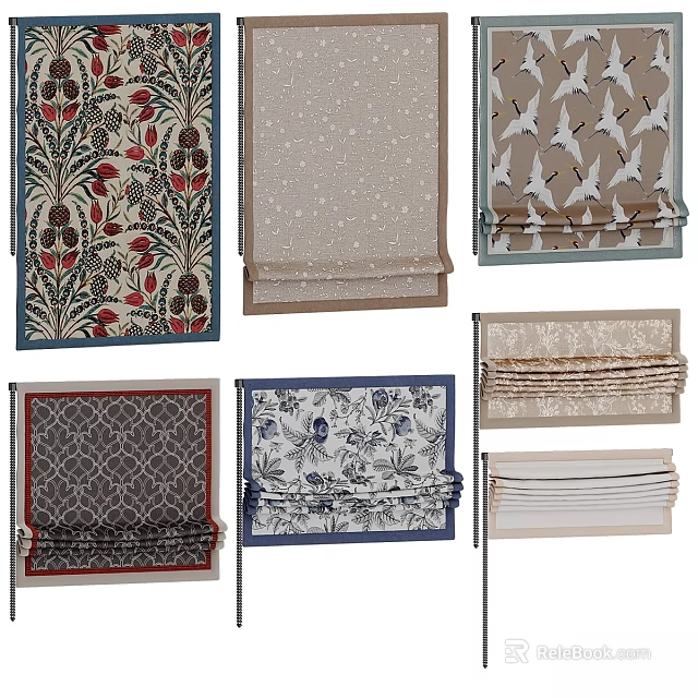 Various Decorative Window Curtains With Floral Geometric And Bird Patterns 3d model
