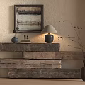 Rustic Wooden Stacked Console Table With Table Lamp Vase Books And Wall Art