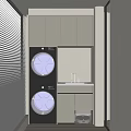 Modern White and Gray Bathroom Cabinet with Washing Machine Dryer Sink Faucet and Storage Space