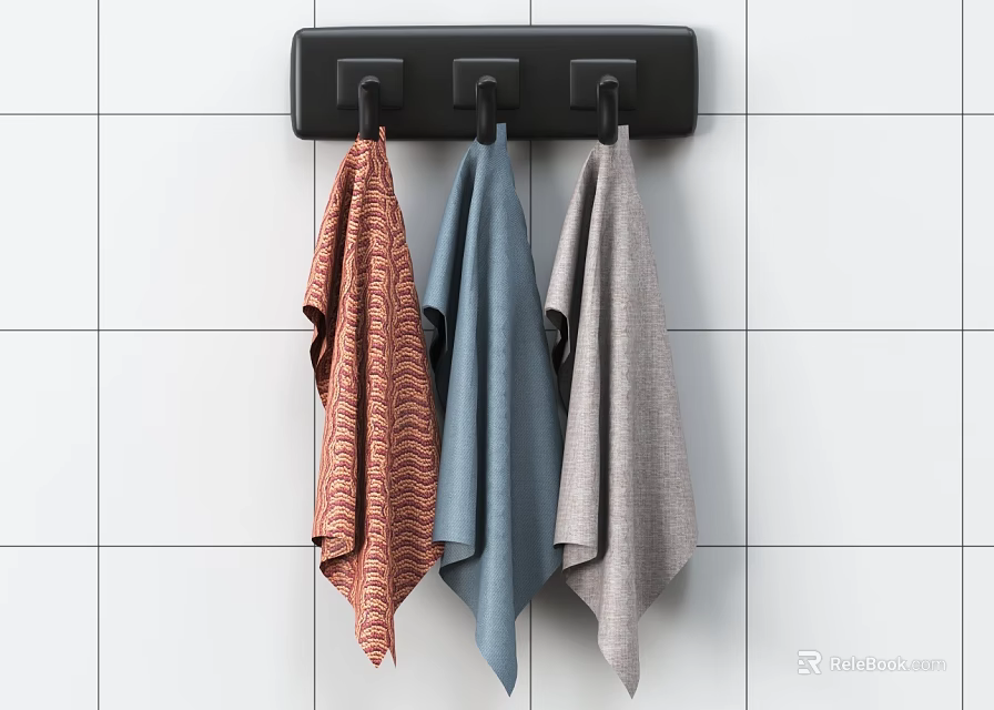 Practical Black Hook Rack Holding Three Colorful Towels On White Tiled Wall 3d model 