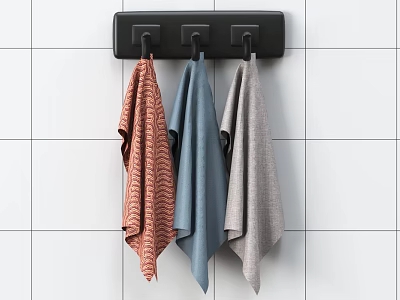 Practical Black Hook Rack Holding Three Colorful Towels On White Tiled Wall 3d model
