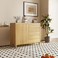 Wooden Dresser with Vase Sewing Machine Radio near Green Plant on Black White Geometric Rug
