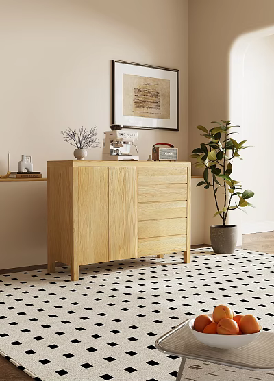 Wooden Dresser with Vase Sewing Machine Radio near Green Plant on Black White Geometric Rug 3d model