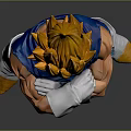 Game Anime Character Golden Spiky Hair Blue Battle Suit Muscular Build Standing With Arms Crossed