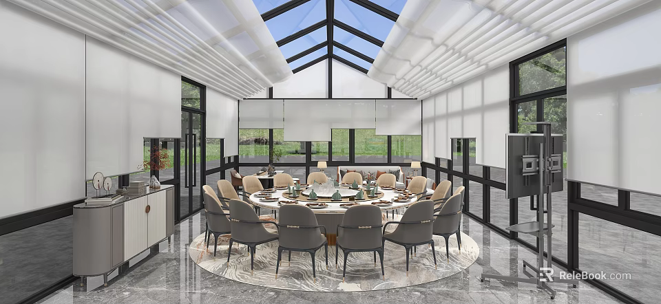 Modern Restaurant Interior With Round Dining Table Multiple Chairs Large Windows And Glass Roof 3d model