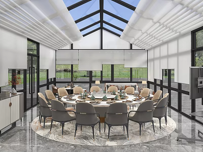 Modern Restaurant Interior With Round Dining Table Multiple Chairs Large Windows And Glass Roof 3d model