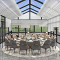 Modern Restaurant Interior With Round Dining Table Multiple Chairs Large Windows And Glass Roof 3d model