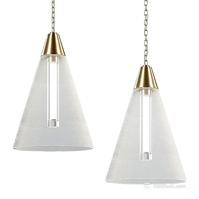 Pendant Lights with Golden Top White Frosted Cone Shade and Transparent Long Bar Chain Hanging 3d model 
