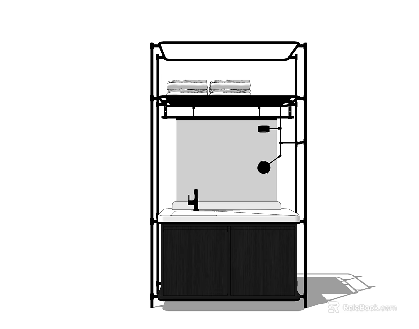 Modern Black Frame Washbasin Vanity With Shelf Cabinet And Hanging Mirror 3d model 