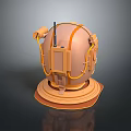 3D Model Orange Helmet Style Weapon With Metal Components Antenna Yellow Cables And Circular Base