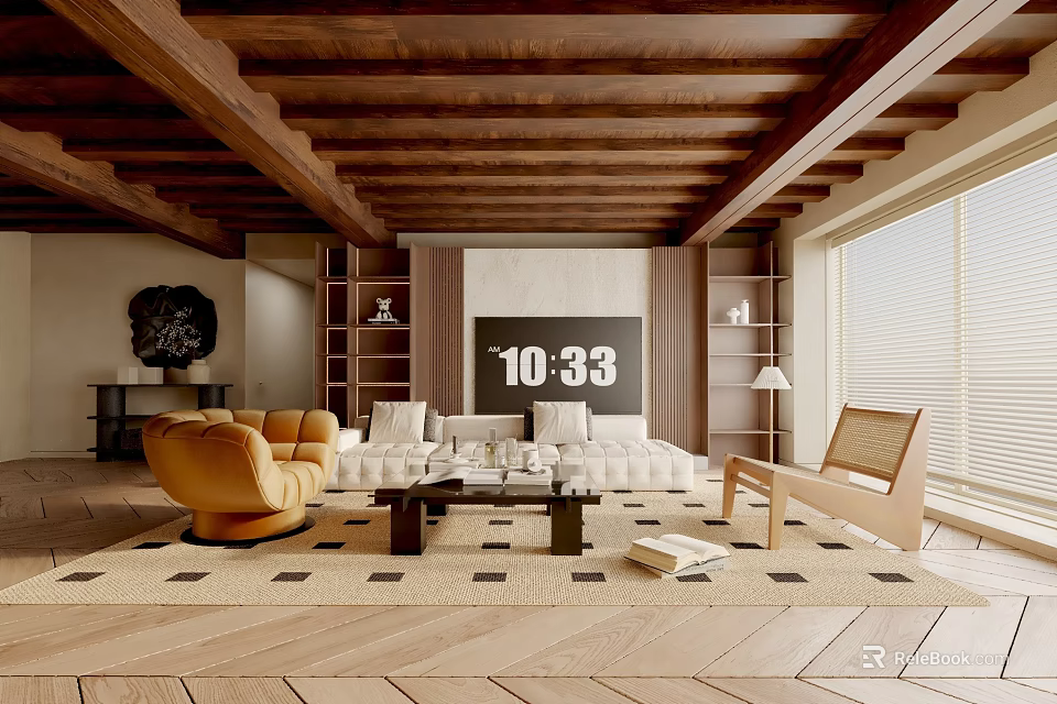 Modern Living Room Interior With Wooden Ceiling Sofa TV And Decorative Area Rug 3d model 