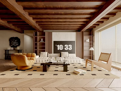 Modern Living Room Interior With Wooden Ceiling Sofa TV And Decorative Area Rug 3d model