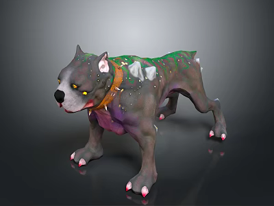 3D Dog Model With Gray Body Green White Spots Brown Collar And Pink Paws 3d model