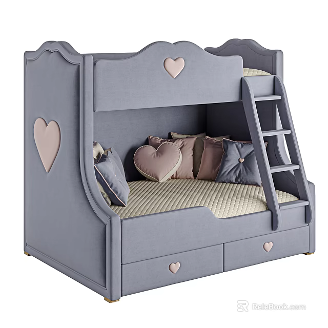 Gray Children's Bunk Bed with Heart Decorations and Soft Pillows Wooden Ladder and Storage Drawers 3d model 