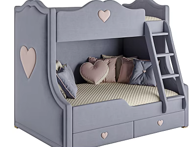 Gray Children's Bunk Bed with Heart Decorations and Soft Pillows Wooden Ladder and Storage Drawers 3d model