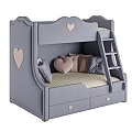Gray Children's Bunk Bed with Heart Decorations and Soft Pillows Wooden Ladder and Storage Drawers