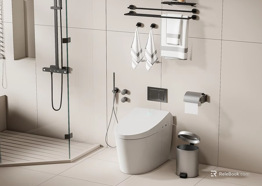 White Modern Toilet in Bathroom Interior with Toilet Paper Holder Trash Can and Towel Rack 3d model 