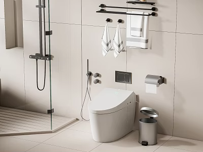 White Modern Toilet in Bathroom Interior with Toilet Paper Holder Trash Can and Towel Rack 3d model