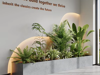 Indoor Potted Plants with Various Green Plants in Gray Planter and Curved Lighting 3d model