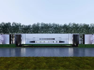 Modern White Feature Wall With Geometric Design Green Trees And Reflective Water 3d model