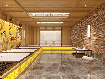 Traditional Shower Sauna Room Featuring Wooden Structure Brick Wall Tatami Benches And Marble Floor 3d model