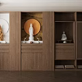 Wooden Buddhist Shrine Cabinet With Buddha Statues And Circular Zen Style Decorations