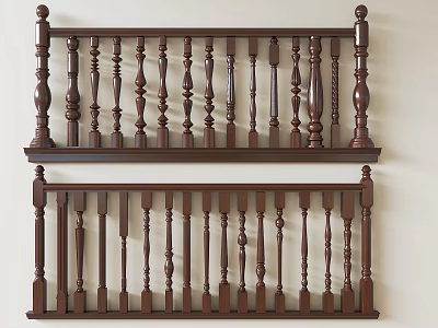 Traditional Wooden Railings With Decorative Carved Posts And Dark Brown Finish 3d model
