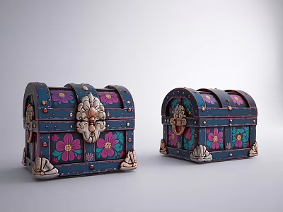 Two Dark Blue Vintage Chests With Pink Floral Patterns And Golden Accents 3d model