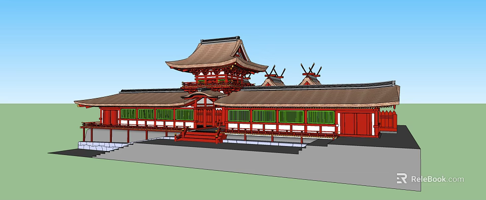 Traditional Ancient Building With Red Exterior Green Windows And Multi Layered Roofs 3d model 