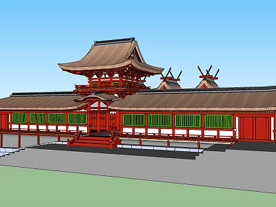 Traditional Ancient Building With Red Exterior Green Windows And Multi Layered Roofs 3d model