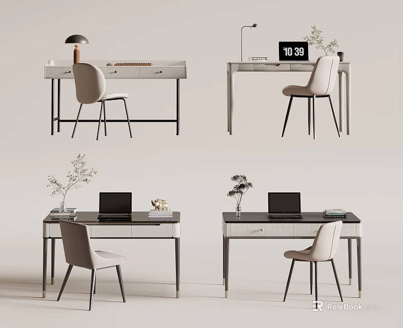 Modern Desk With Chair Laptop Lamp And Plants In Minimalist Home Office Design 3d model 
