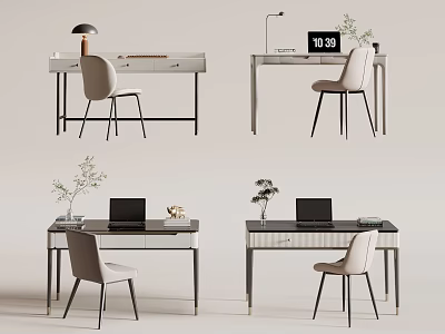 Modern Desk With Chair Laptop Lamp And Plants In Minimalist Home Office Design 3d model