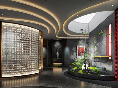 Modern Restaurant Interior With Circular Ceiling Wine Cabinet Green Plants Red Accents And Lighting 3d model